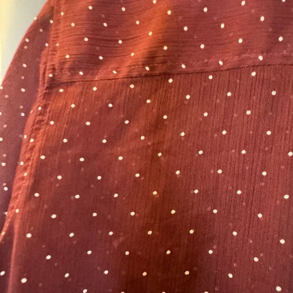 Eddie Bauer L Burgundy Long Sleeve Semi‎ Sheer Blouse Button Up Polka Dots - Picture 13 of 16